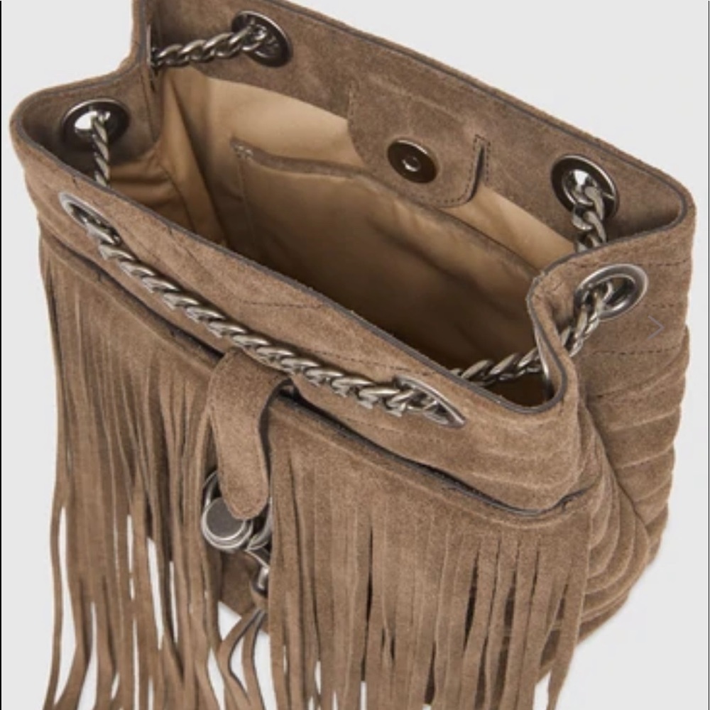 Rebecca Minkoff Edie Bucket Crossbody With Fringe, Porcini Tan Brown - Picture 2 of 15